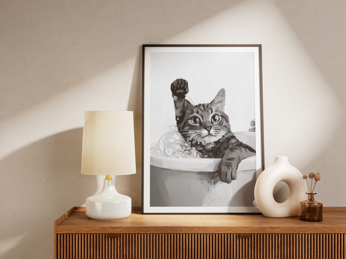 Tabby Cat In A Bubble Bath With Raised Paw Black White Poster - Image 4
