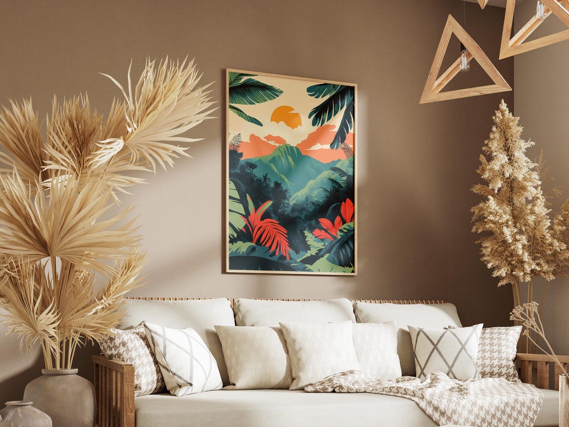 Tropical Jungle Valley With Mountain Under Orange Sun Poster - Image 3