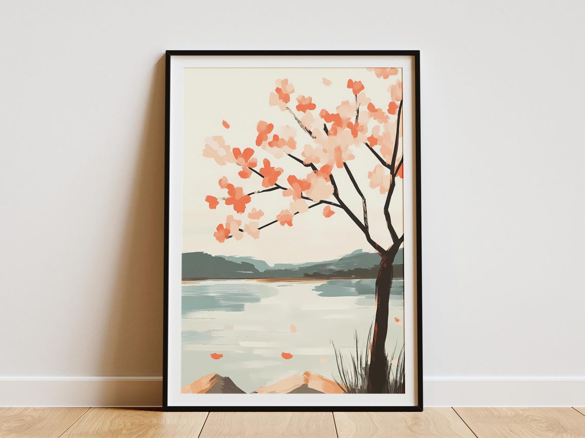 Cherry Blossom Tree by a Calm River with Falling Petals Poster