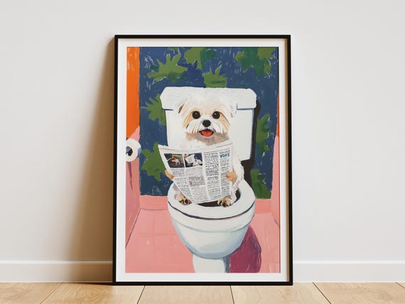 Maltese Dog Toilet Newspaper Art Bathroom Humor Print Funny Animal Poster Quirky Home Decor Lover Gift Unique Wall