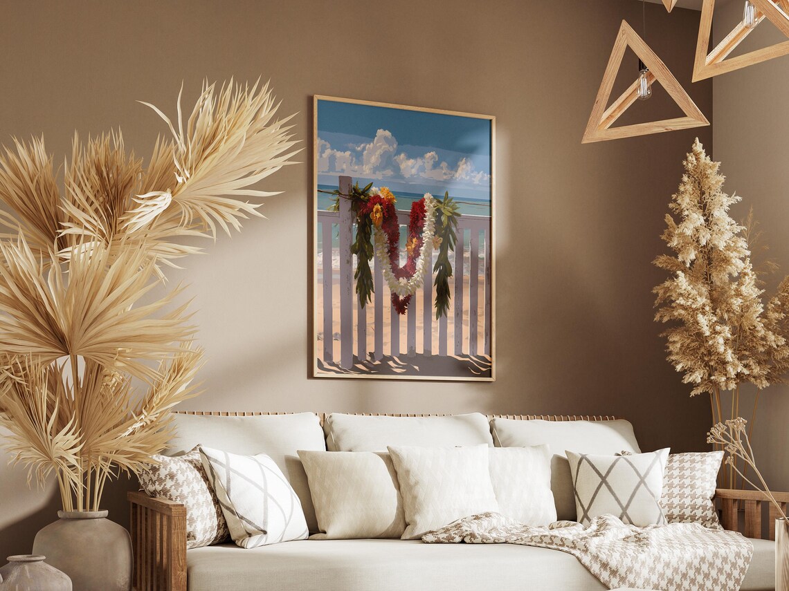 Hawaiian Lei Garland White Picket Fence Beach Ocean Art Poster - Image 3