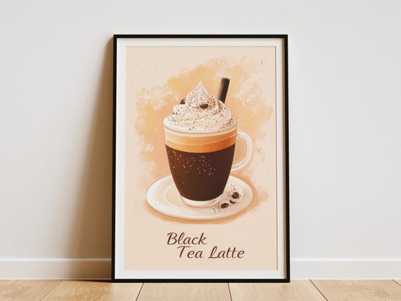 Black Tea Latte Drink Poster Whipped Cream Coffee Drink Flatlay Print Wall Art Coffee Shop Decor Beverage Illustration Instant