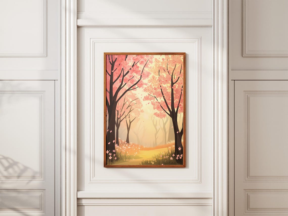 Cherry Blossom Forest Path in Golden Light With Petals Art Poster - Image 2