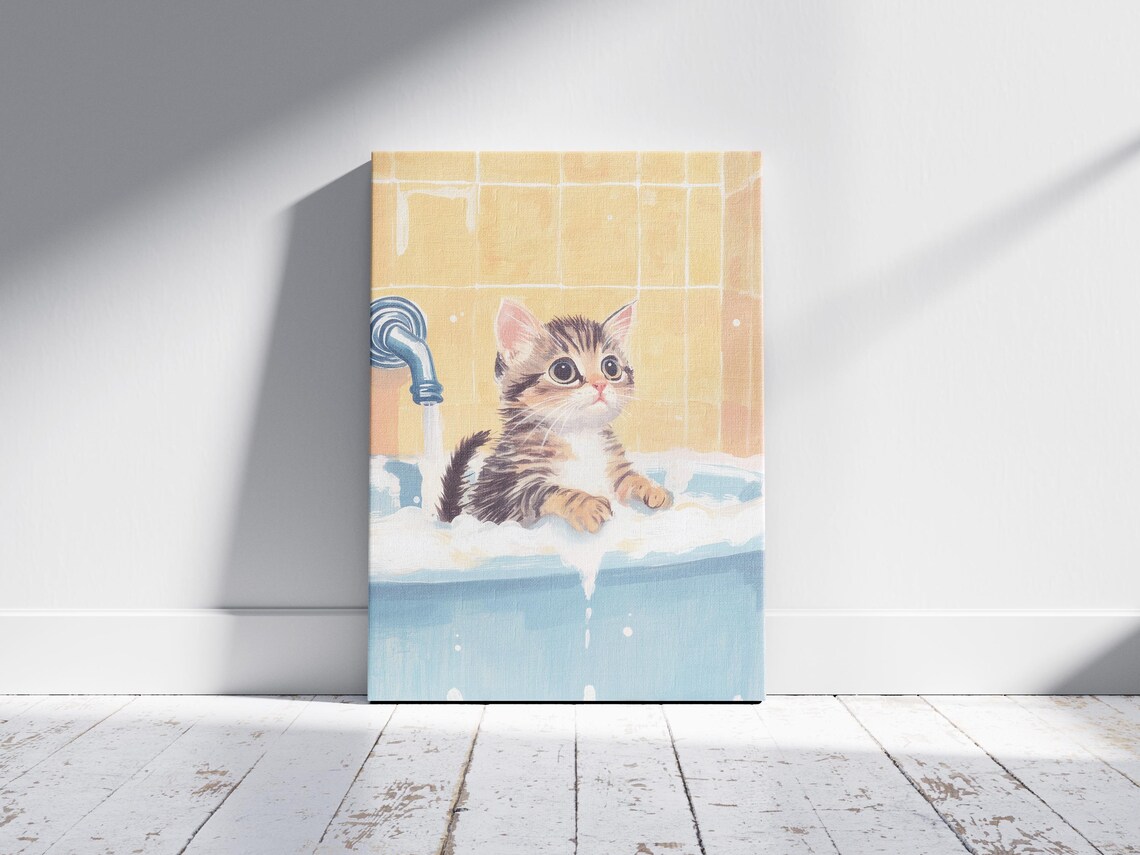 Tiny Tabby Kitten in Foamy Tub Sunny Yellow Tiles Art Poster - Image 2