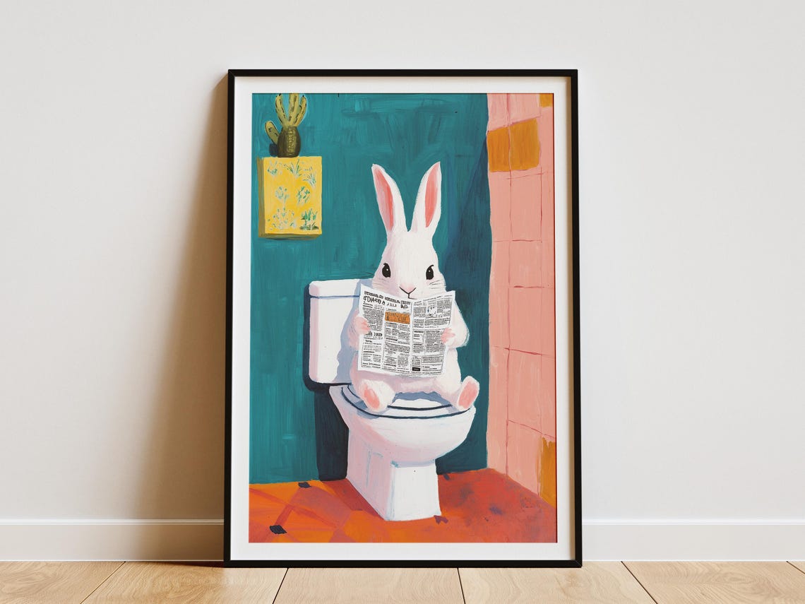 White Rabbit Reading Newspaper On Teal Toilet Bathroom Poster