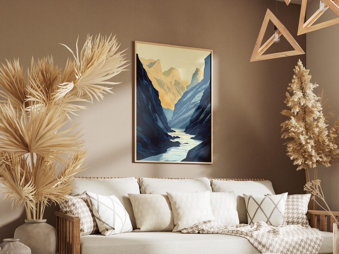 Dramatic Mountain Canyon River Golden Light Minimalist Art Poster - Image 3