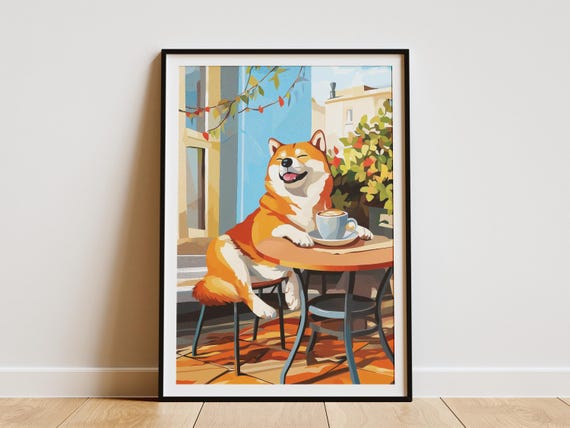 Shiba Inu Cafe Poster Matisse Style Dog Art Print Coffee Lover Gift Cozy Wall Decor Scene Animal Home