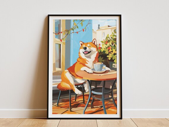 Smiling Shiba Inu Dog With Cappuccino Outdoor Cafe Art Poster