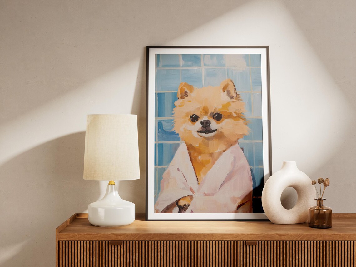 Pomeranian In White Bathrobe Poster Cute Fluffy Dog Bathroom Home Art - Image 4
