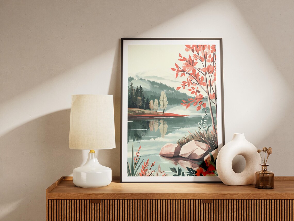 Foggy Autumn Lake Red Foliage Trees Misty Mountain Art Poster - Image 5