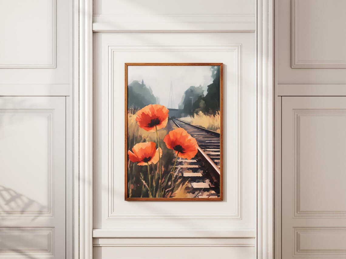 Red Poppies by Train Tracks Misty Railway Flower Art Scene Poster - Image 2