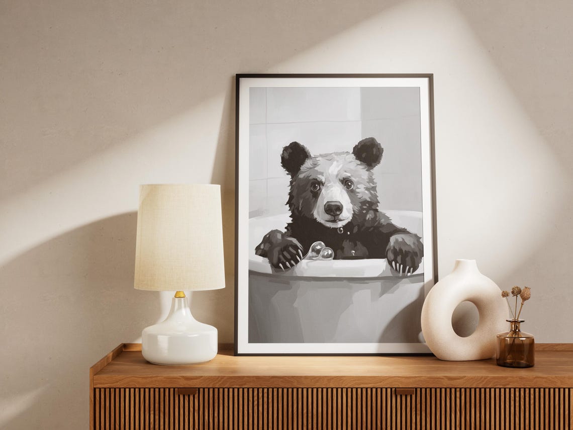 Bear In Bathtub Poster Animal Art Print Funny Bathroom Decor Wall Nursery Minimalist Black And White - Image 4