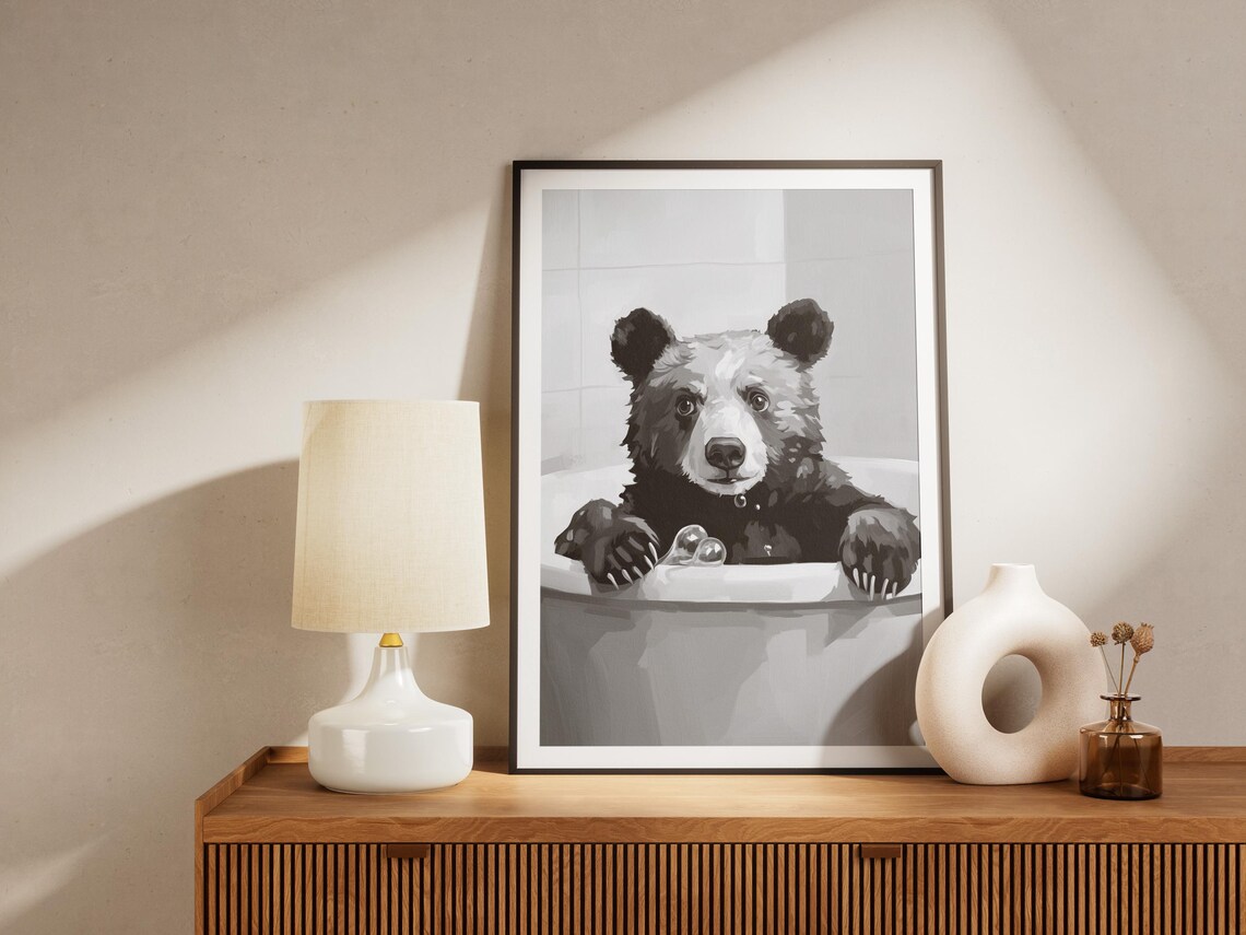 Bear In Bubble Bathtub Black and White Cute Animal Art Poster - Image 4