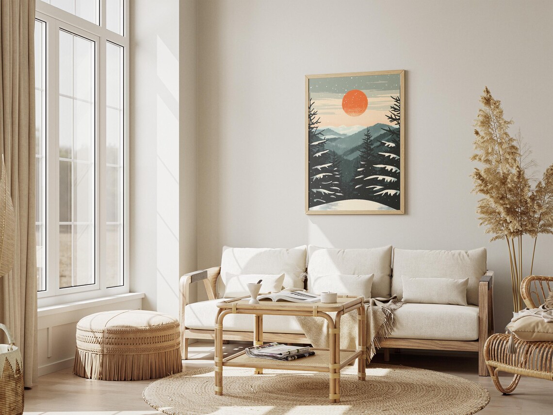 Smoky Mountains Winter Pines Under a Glowing Orange Moon Poster - Image 4