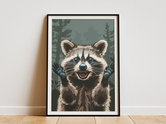 Funny Raccoon Forest Poster Print, Wildlife Illustration