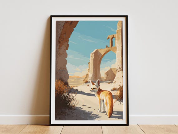 Exotic Fennec Fox Desert Art Print Ancient Ruins Landscape Wall Decor Unique Wildlife Animal Poster For Travel Lovers Home