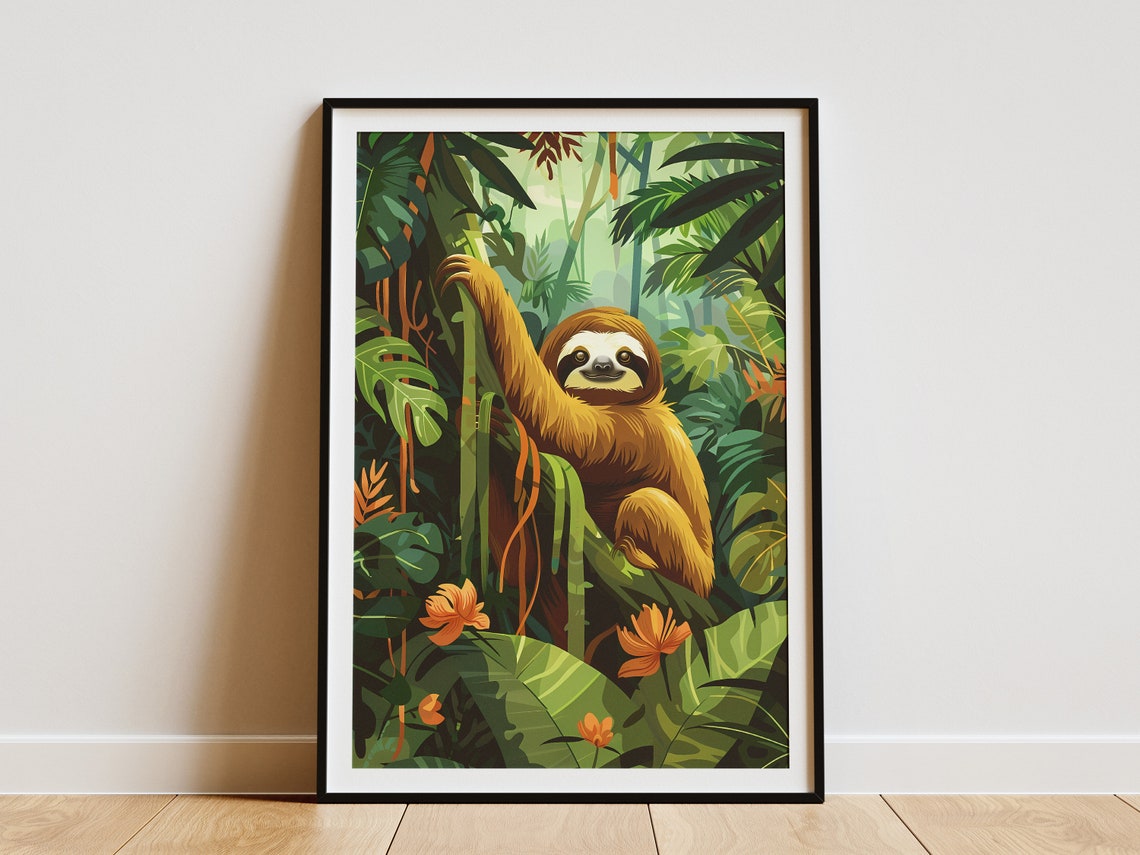 Smiling Sloth Jungle Poster Rainforest Animal Print Tropical Art Wall Decor Green Nature Illustration