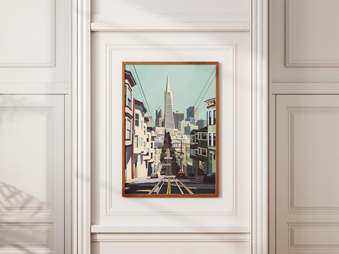 San Francisco Cable Car Street Vintage Travel Poster with Transamerica - Image 2