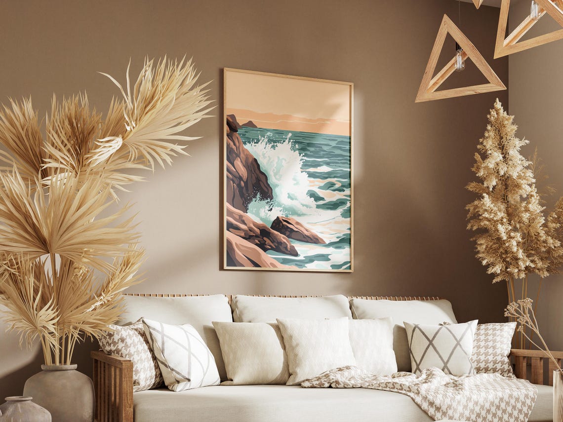 Ocean Wave Crashing on Brown Rocky Cliffs at Golden Hour Poster - Image 3