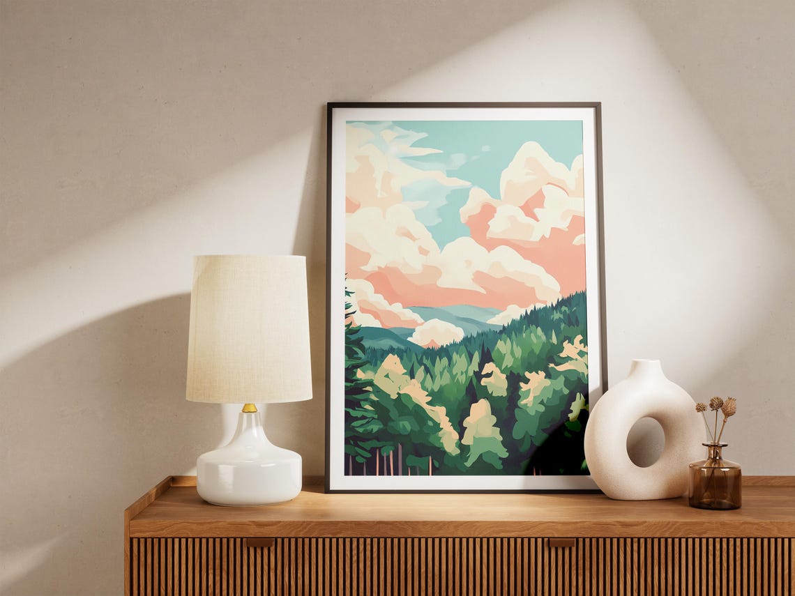 Serene Dreamy Pine Forest Beneath Pastel Peach Cloudscape Poster - Image 5