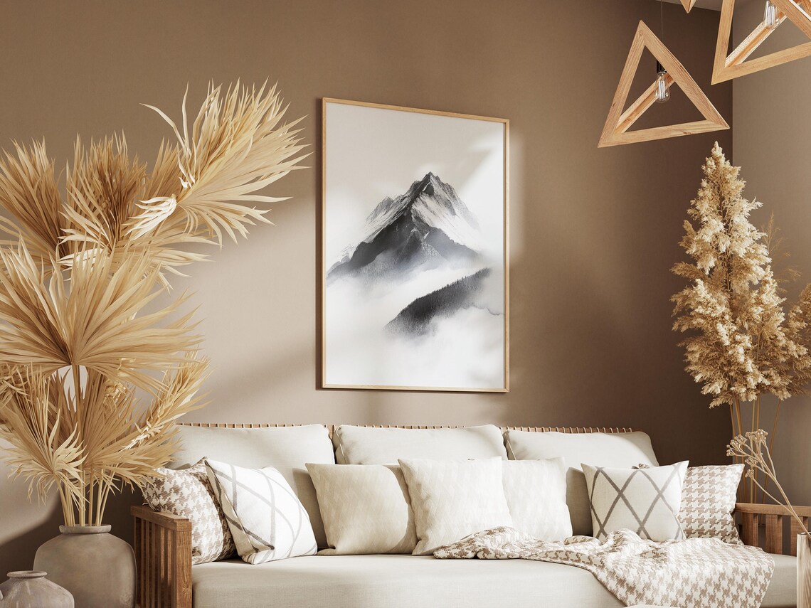 Black White Watercolor Mountain Peak Cloud Minimalist Art Poster - Image 3