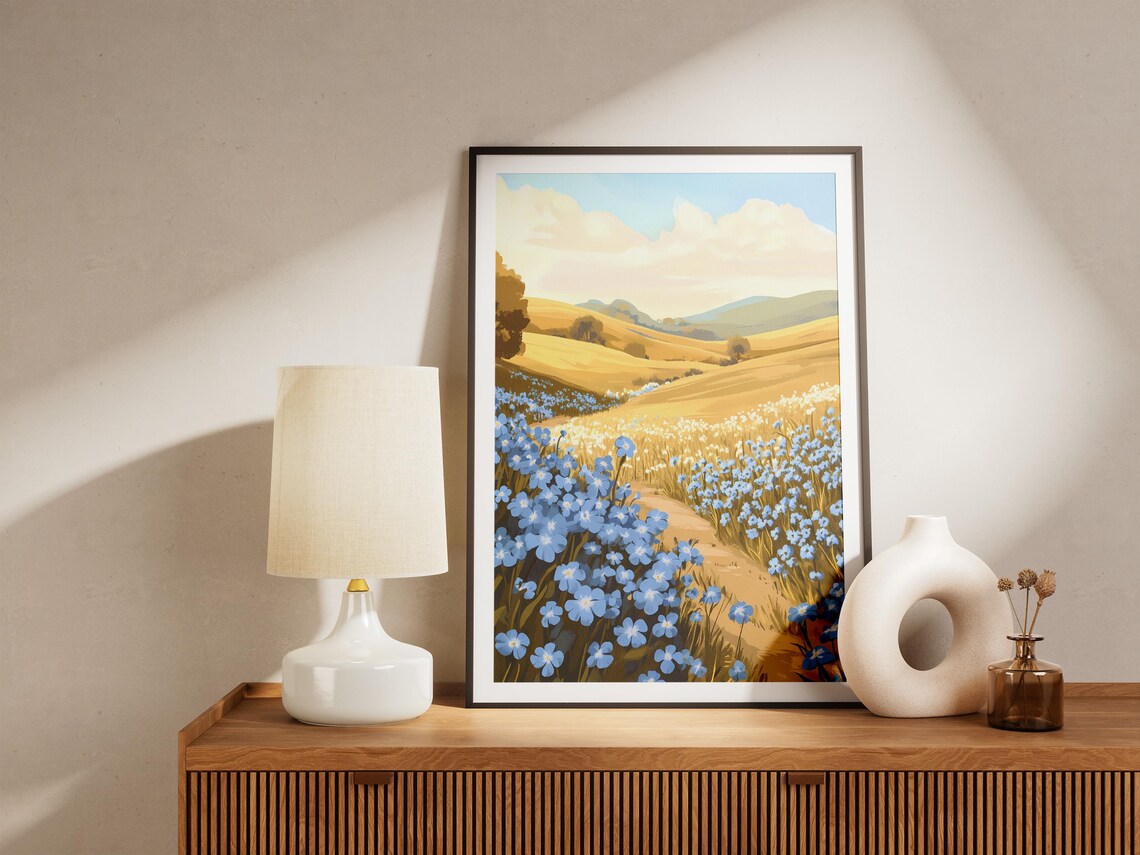 Blue Forget Me Nots Golden Valley Path Tender Landscape Poster - Image 5
