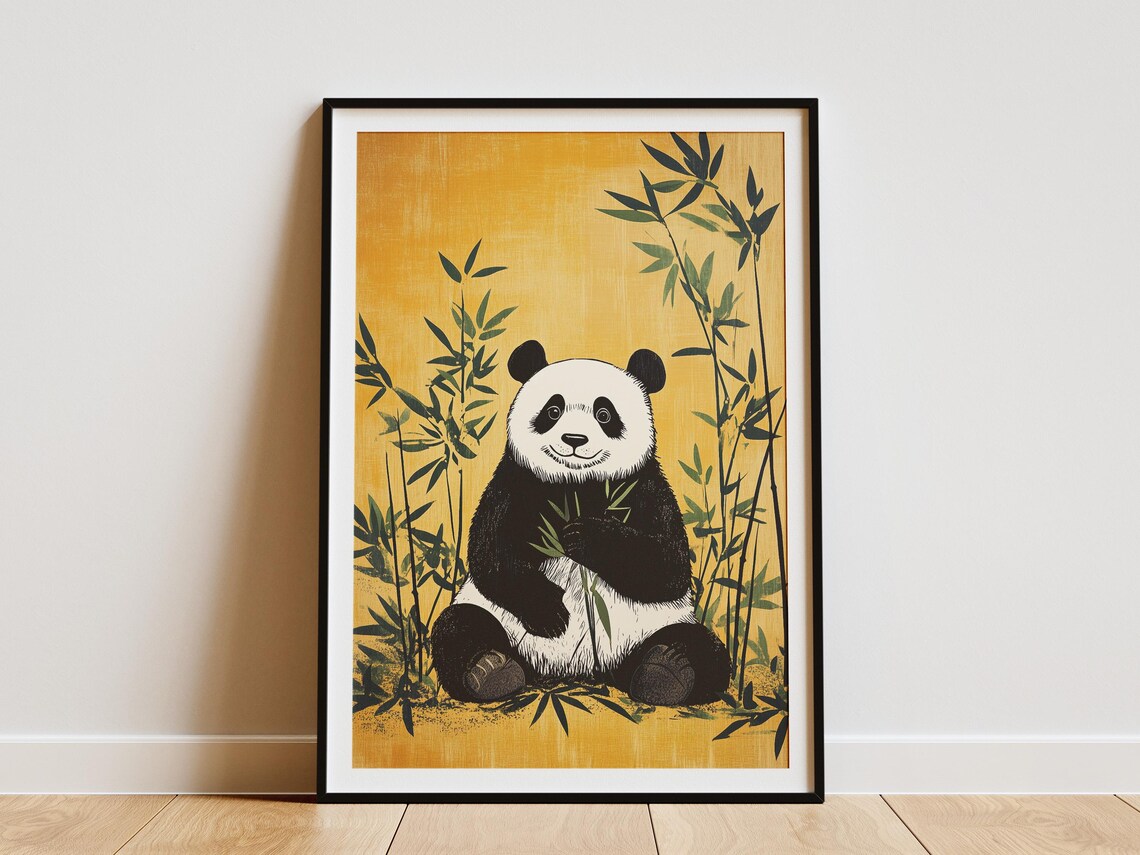 Smiling Panda Eating Bamboo Shoots on Golden Background Art Poster