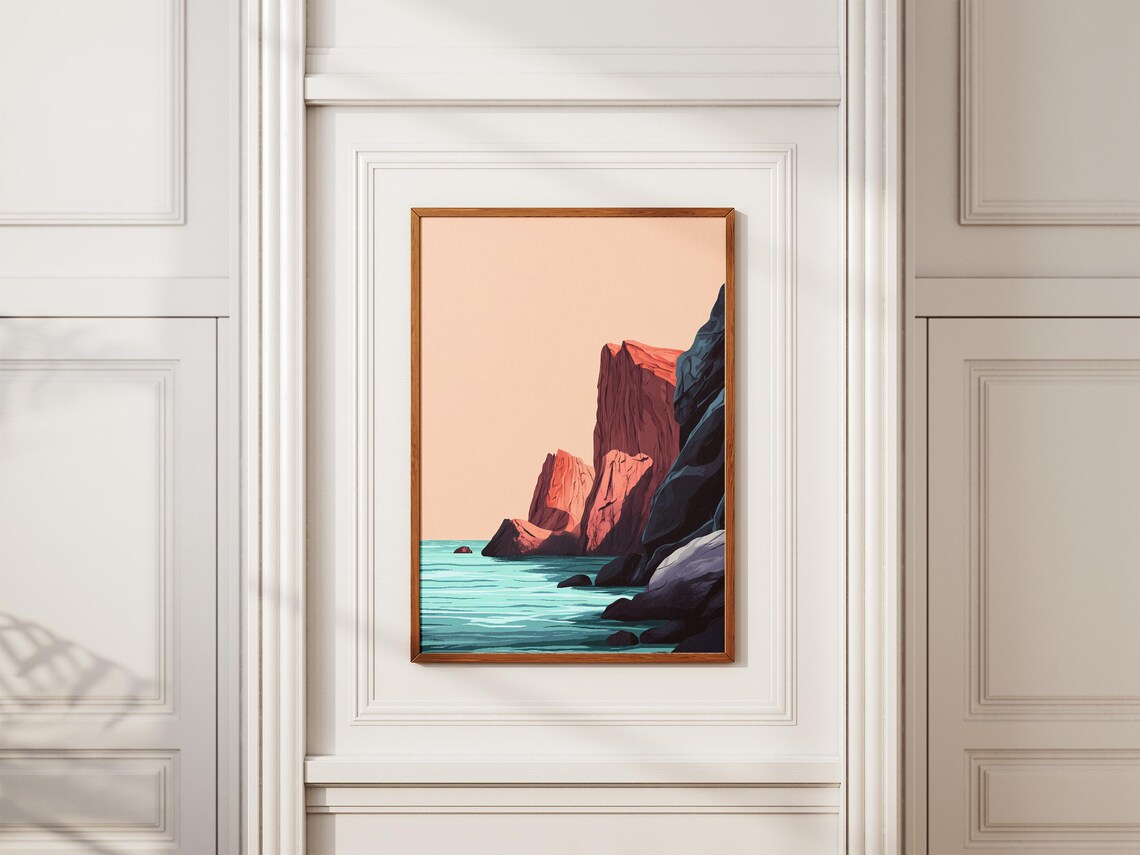 Red Rock Cliffs Over Turquoise Sea Minimalist Coastal Poster - Image 2