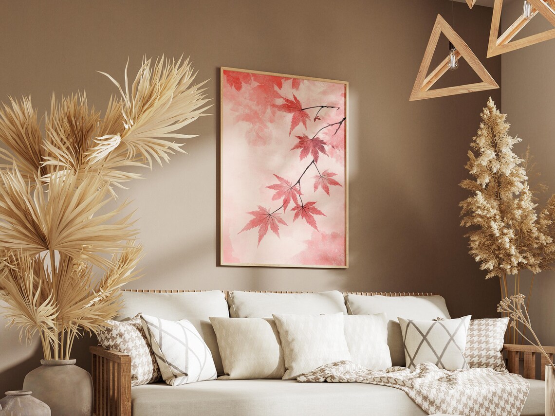 Red Japanese Maple Leaves Branch Pink Watercolor Botanical Poster - Image 3