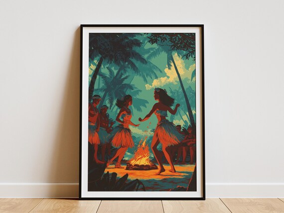 Vintage Hawaiian Hula Dancer Art Print Tiki Bonfire Poster Retro Island Wall Polynesian Dance Paper Tropical Decor