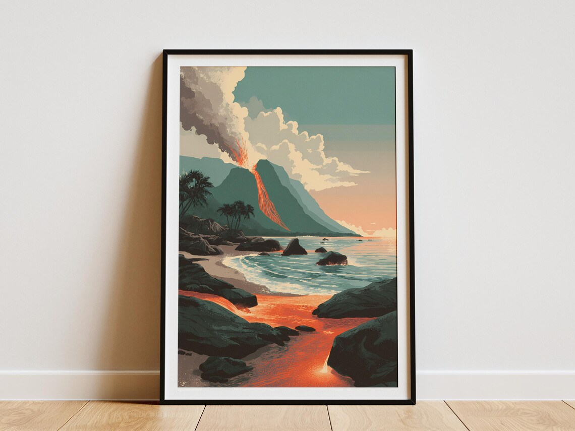 Hawaiian Volcano Lava Flow Pouring Into The Ocean At Dusk Poster