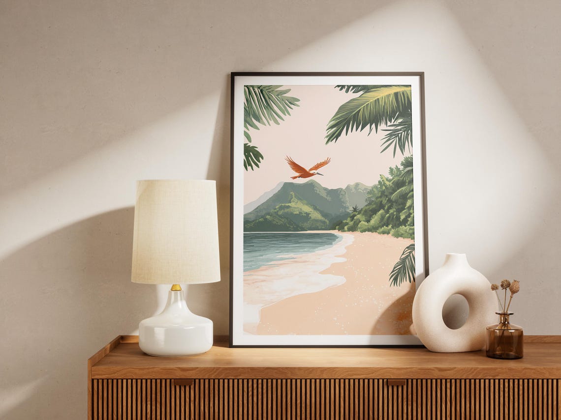 Tropical Beach with Orange Bird Flying Palm Trees Mountain Wall Art - Image 4
