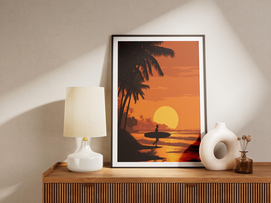 Golden Hour Surfer Sunset Palm Trees Silhouette Beach Art Poster - Image 4