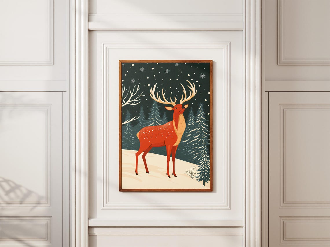 Red Christmas Deer in Snowy Forest Poster with Falling Snowflakes - Image 2
