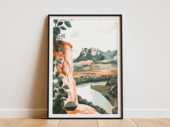Abstract Landscape Poster Modern Minimalist Art Print Hilltop View Nature Wall Art River Valley Scene Green Teal Orange Decor Calm Peaceful