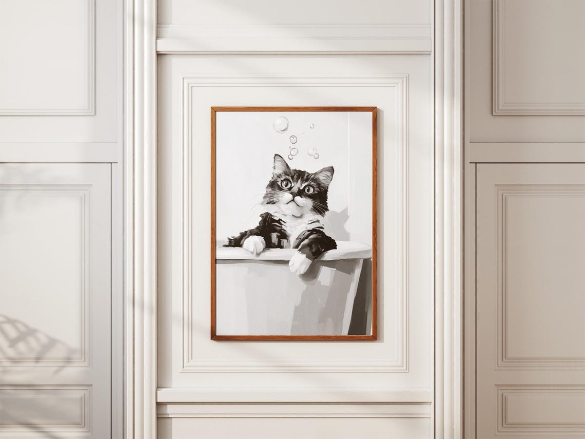 Cute Tabby Cat Playful Bubble Bath Minimalist Kitten Fun Poster - Image 2