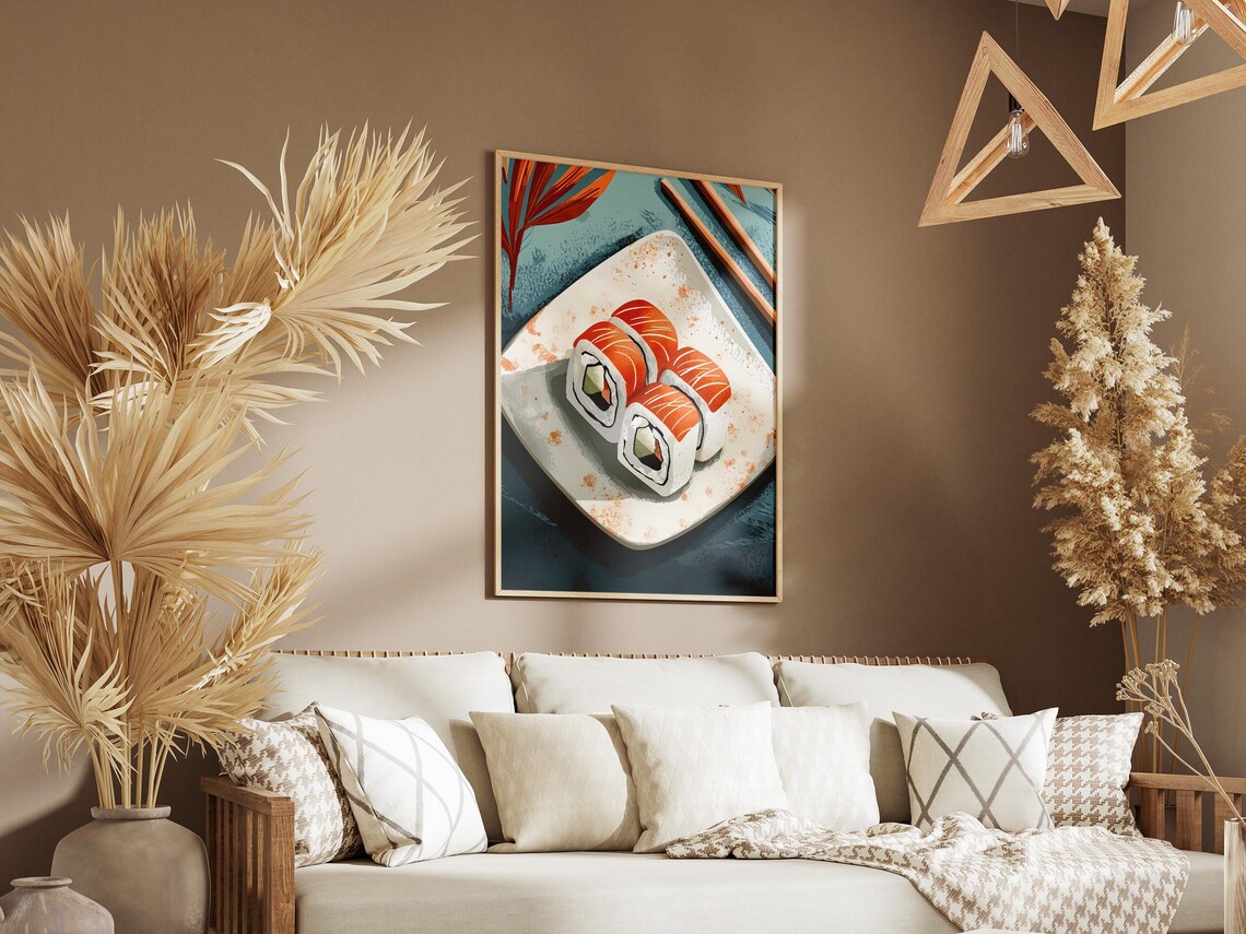 Salmon Sushi Rolls Japanese Food Flat Lay Illustration Poster - Image 3