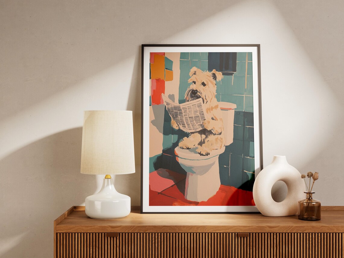 Wheaten Terrier Reading Newspaper on Toilet Teal Tile Poster - Image 5