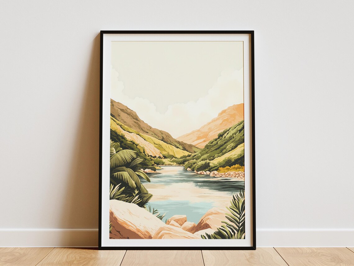 Calm River Valley Between Green Hills Tropical Landscape Poster