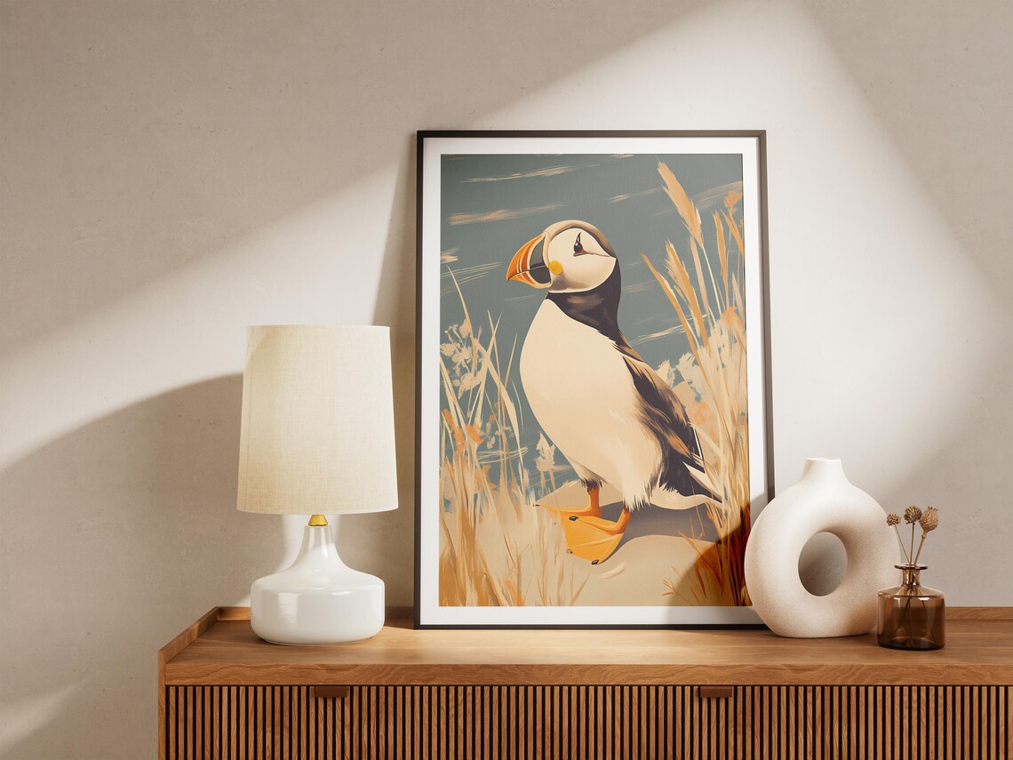 Puffin on a Sandy Beach with Dune Grasses Seabird Art Poster - Image 5