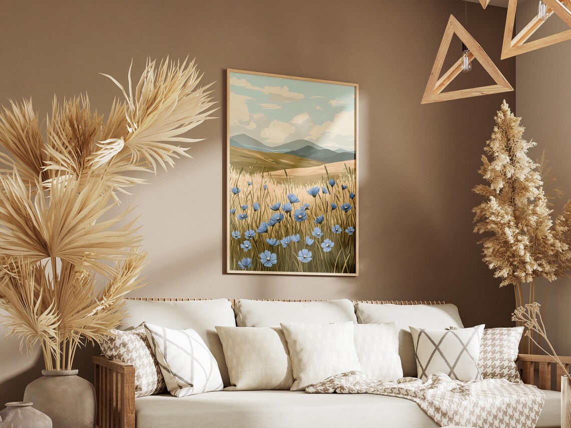 Blue Flax Flowers Wheat Grass Field Rolling Hills Meadow Poster - Image 3