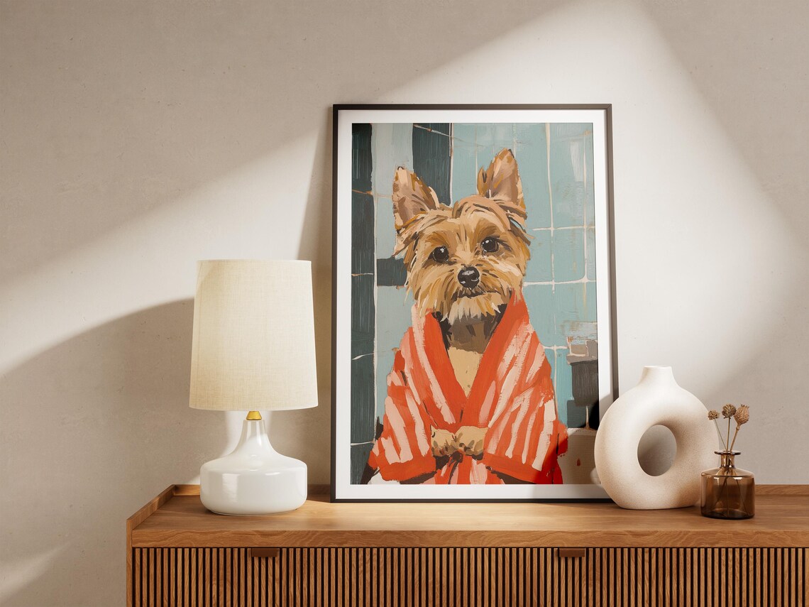 Yorkshire Terrier in Bright Red Robe Bold Painterly Dog Art Poster - Image 4
