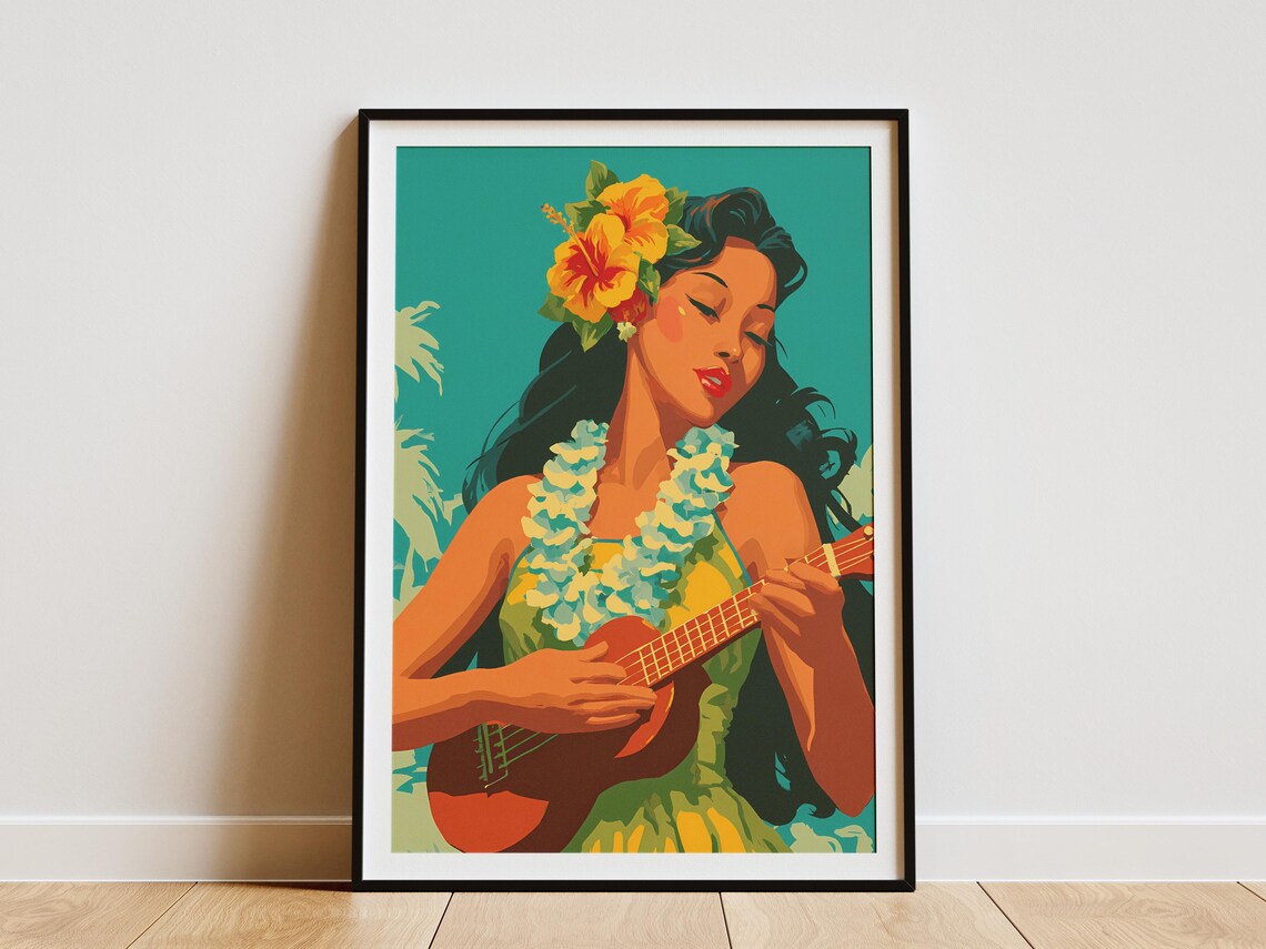 Hawaiian Hula Dancer Playing Ukulele Tropical Island Music Art Poster
