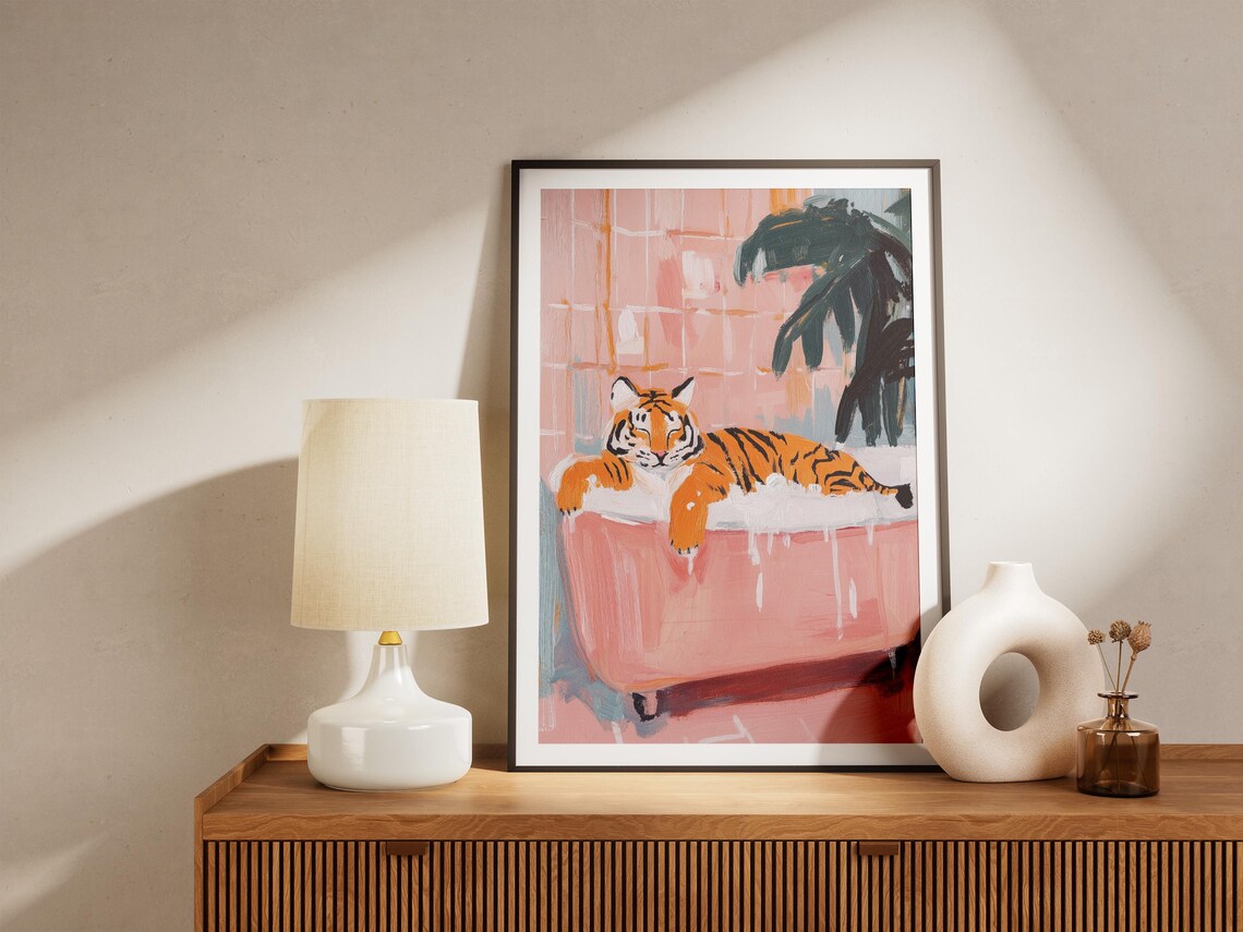 Tiger Lounging in a Pink Bubble Bath Funny Animal Art Poster - Image 5