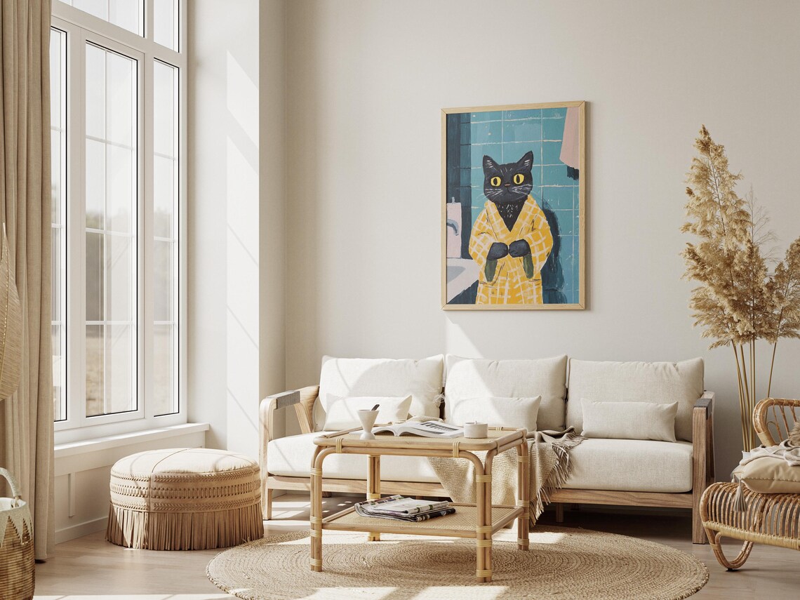 Black Cat Yellow Bathrobe Teal Bathroom Whimsical Art Poster - Image 3