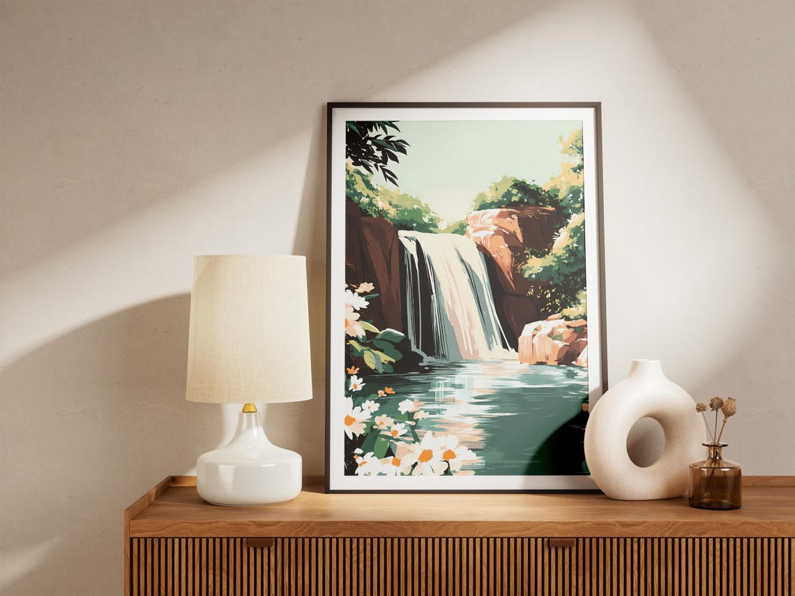 Waterfall Between Red Cliffs with White Daisies and Lagoon Poster - Image 5