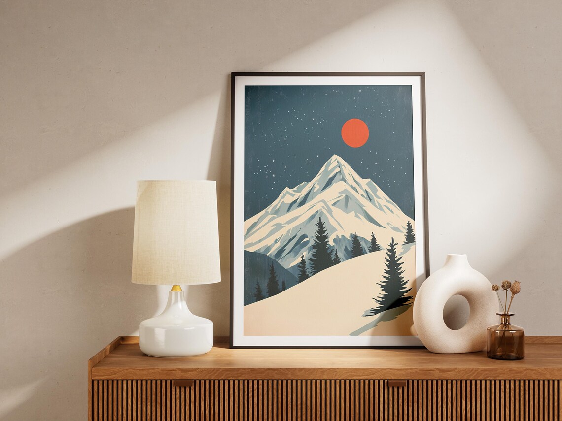 Big Red Sun Over Snowy Mountain Peak Pine Forest Winter Poster - Image 5