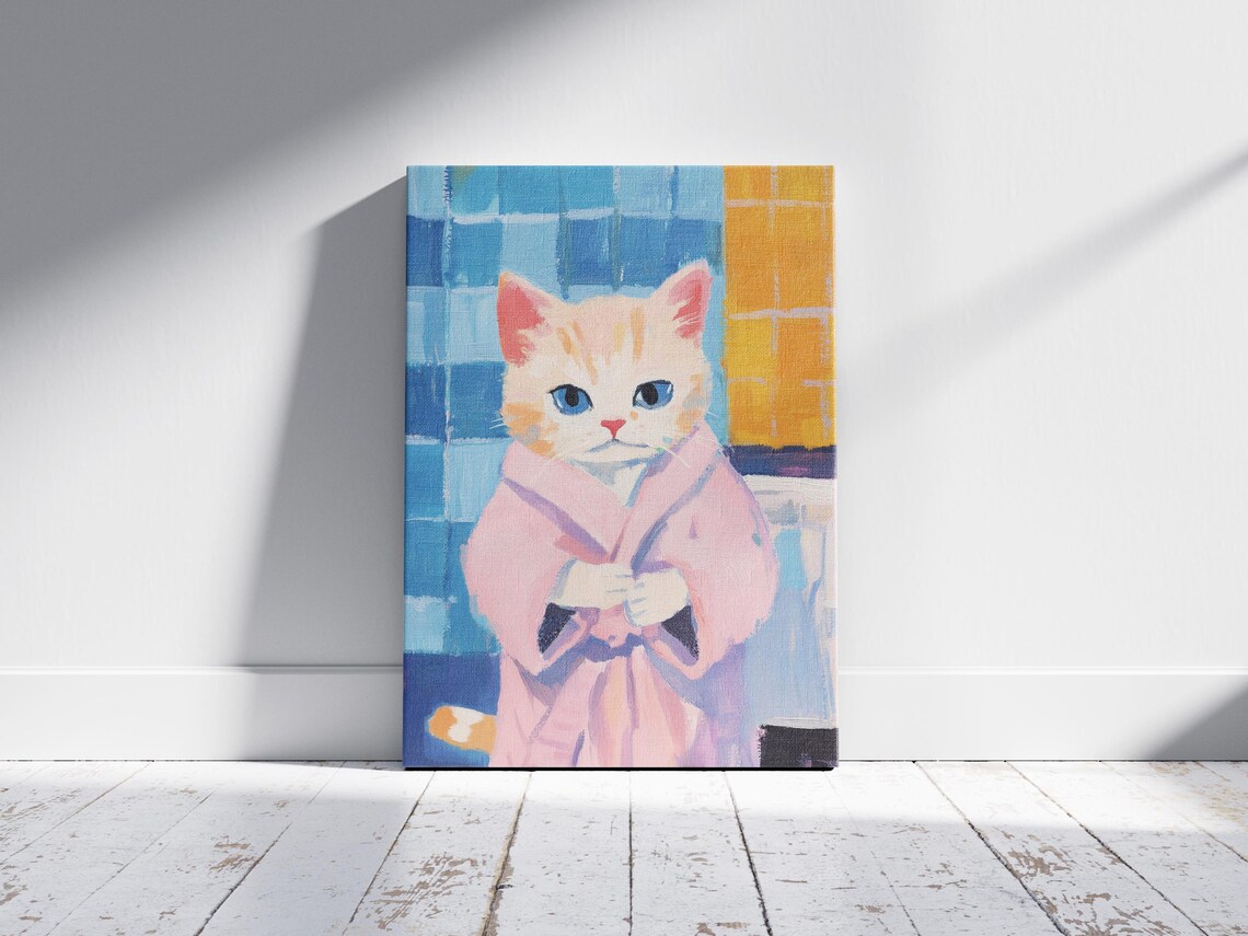 Cream Kitten in Pink Bathrobe Cute Bathroom Kitty Cat Poster - Image 2
