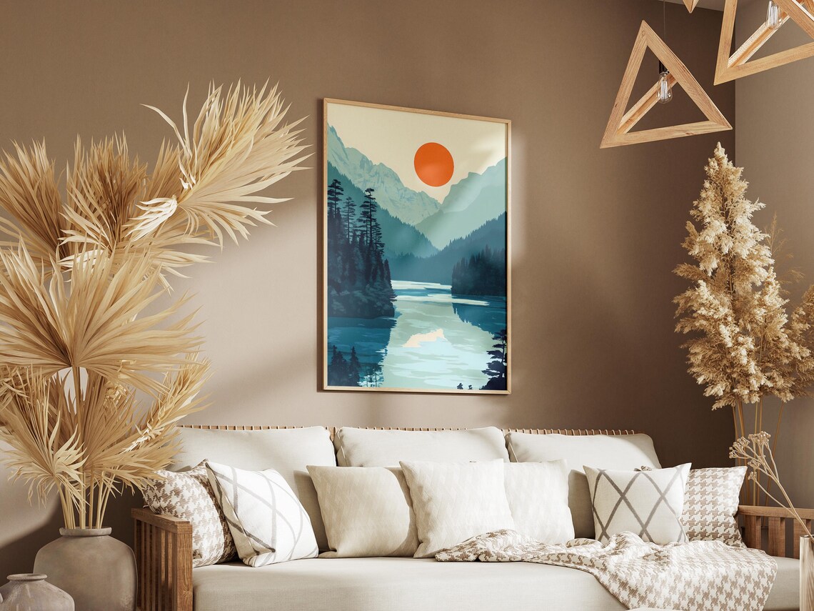 Serene Mountain Lake Reflection Minimalist Nature Landscape Poster - Image 3