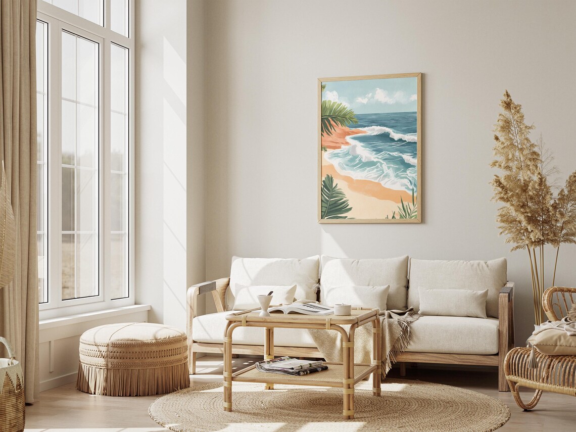 Tropical Beach Wave Curling Turquoise Ocean Palm Leaf Art Poster - Image 4